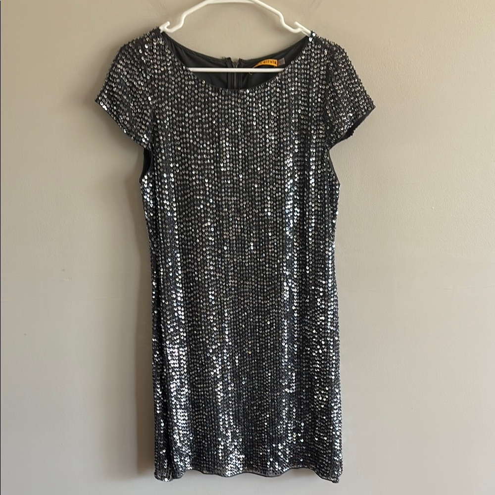 Alice + Olivia • silver sequin dress